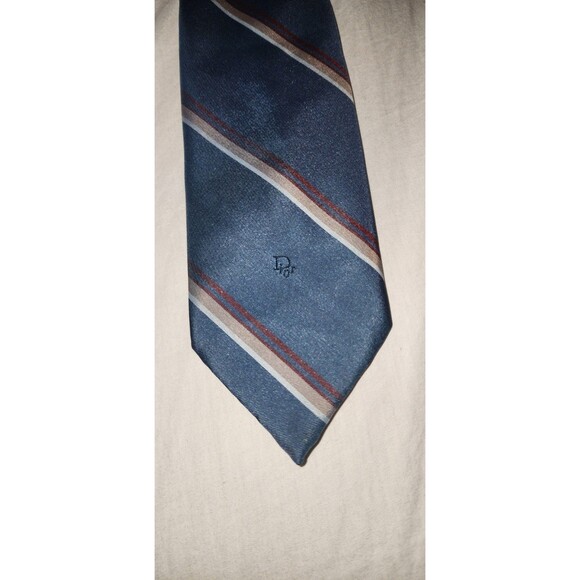 Vtg CHRISTIAN DIOR Tie Navy Blue Red Striped Poly Silk Blend Necktie 3"X57" - Picture 1 of 4